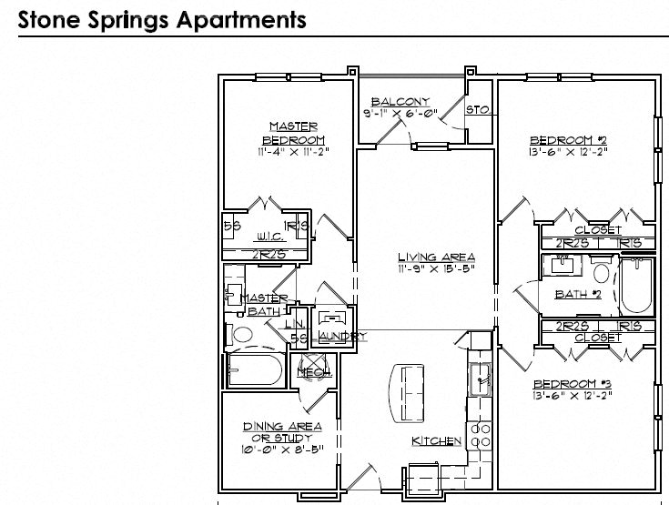 Floor plan for 3 beds, 2 baths, 1236 sqft